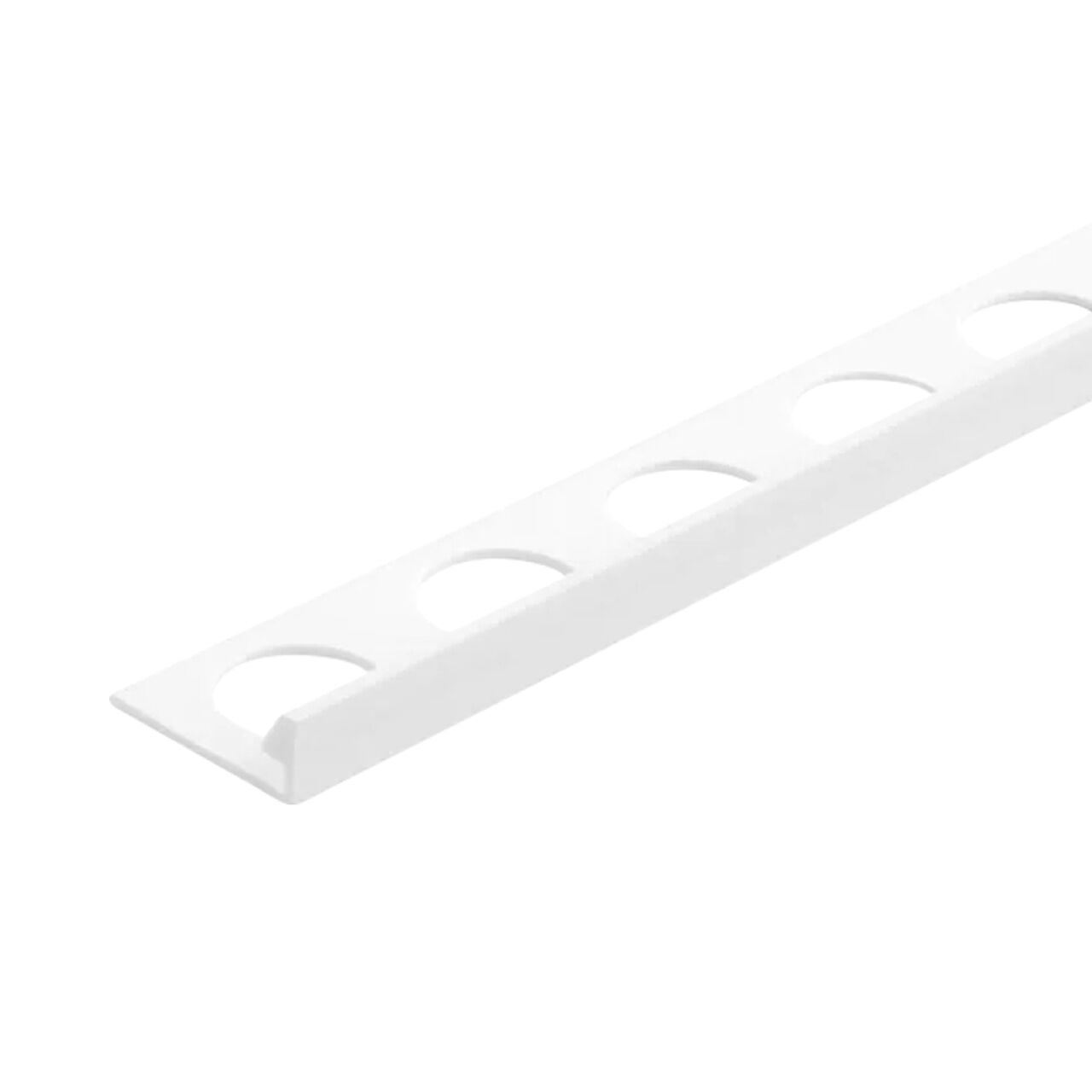 The Go Build 5/16 in. x 98-1/2 in. Bright White PVC L-Shaped Metal Tile Edging Trim features evenly spaced semicircular cutouts along one side and is shown against a plain white background.